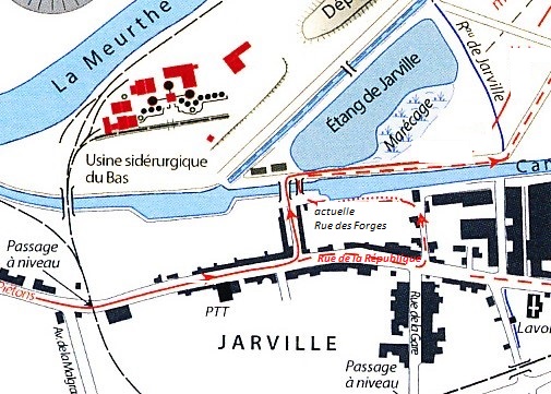 Situation de l'étang de Jarville par rapport à l'usine du Bas